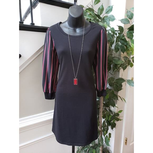 Luxology Knee Length Shift Dress Womens Small Black Striped Cotton Round Neck - Picture 10 of 11